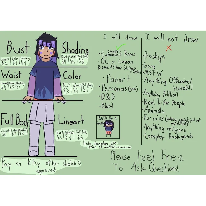 A pale-green commission sheet with a purple-haired cartoon figure and handwritten prices.