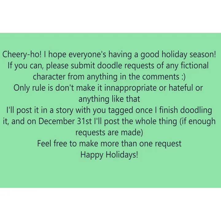 A mint-green text graphic inviting fictional-character doodle requests for the holidays.