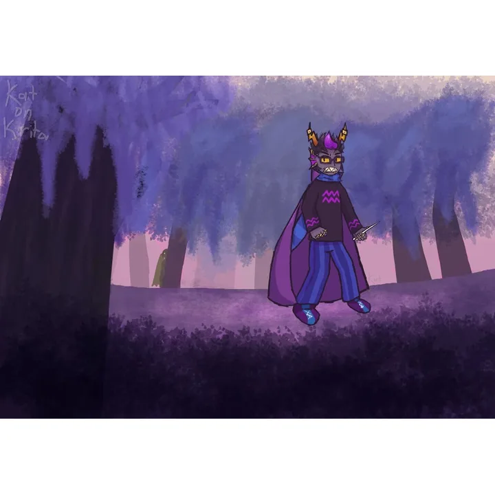 A purple horned character holding two knives in a dark forest.
