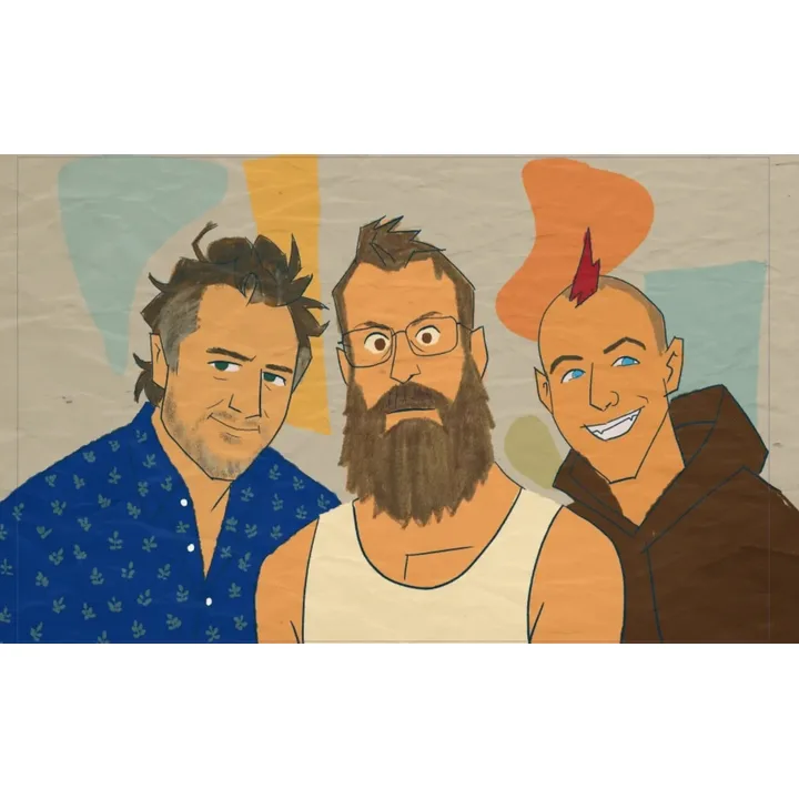 An illustration of three men against orange, blue, and green abstract shapes.