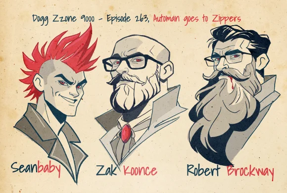 Vampire-style portraits of Seanbaby, Zak Koonce, and Robert Brockway on aged paper.