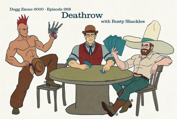 A western card game with three men, one holding a metal claw and another wearing an oversized cowboy hat.