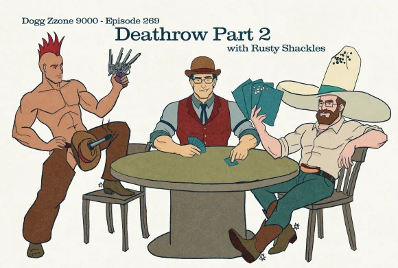 A second western card game with three men, a metal claw, and an oversized cowboy hat.
