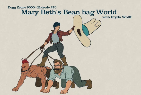 A western cartoon of three men in a chaotic rodeo pose beneath a giant floating glove.