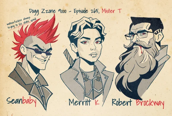 Vampire-style portraits of Seanbaby, Merritt K, and Robert Brockway on aged paper.