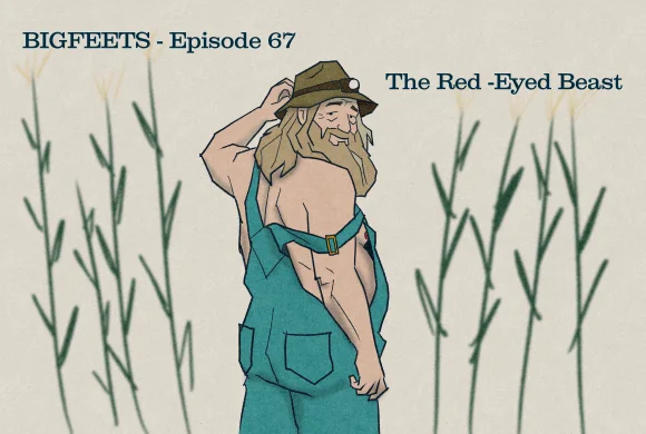 A bearded outdoorsman in cropped overalls adjusts his hat in tall grass.