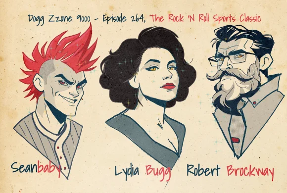 Vampire-style portraits of Seanbaby, Lydia Bugg, and Robert Brockway on aged paper.