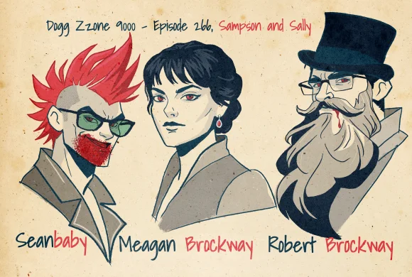 Vampire-style portraits of Seanbaby, Meagan Brockway, and Robert Brockway on aged paper.