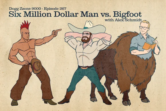 A western cartoon of a shirtless red-mohawk cowboy, a reclining cowboy, and a bespectacled man on a shaggy animal body.