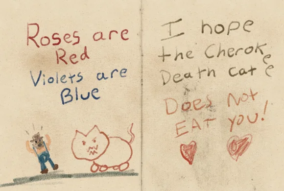 An open crayon Valentine showing a tiny person, a cat, hearts, and a joke about the Cherokee Death Cat.