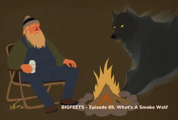 A bearded outdoorsman sits by a campfire while a smoky black wolf with glowing eyes looms beside him.