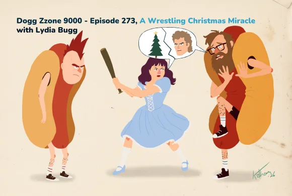 A woman in a blue dress swings a bat between two men in hot dog costumes as a speech bubble shows Martin Kove and a broken Christmas tree.