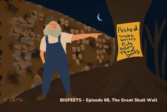 At night, a bearded outdoorsman points toward a wall covered in skulls beside a warning sign nailed to a tree.
