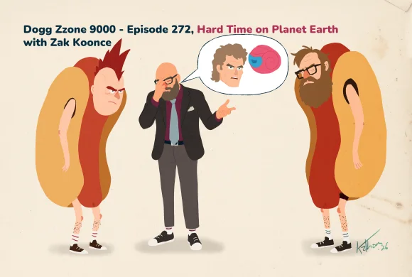 Two men in hot dog costumes flank a suited guest whose speech bubble shows Martin Kove and a pink cartoon shape.