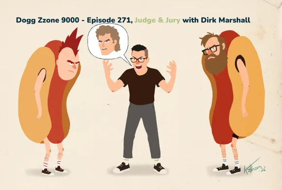 Two men in hot dog costumes flank a gesturing man whose speech bubble shows Martin Kove.