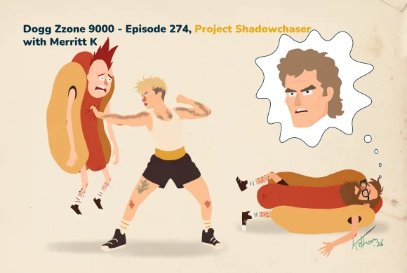 A tattooed fighter strikes one hot dog-costumed man while another lies on the floor thinking of Martin Kove.